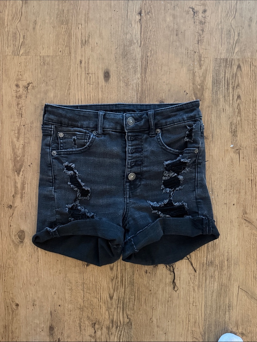 American Eagle Outfitters Black Distressed High-Rise Denim Shorts